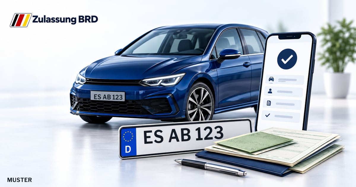 Online Fahrzeugzulassung in Filderstadt: Musterkennzeichen ES AB 123, Auto und Fahrzeugpapiere und Smartphone. Illustration mit Logo von Zulassung BRD.